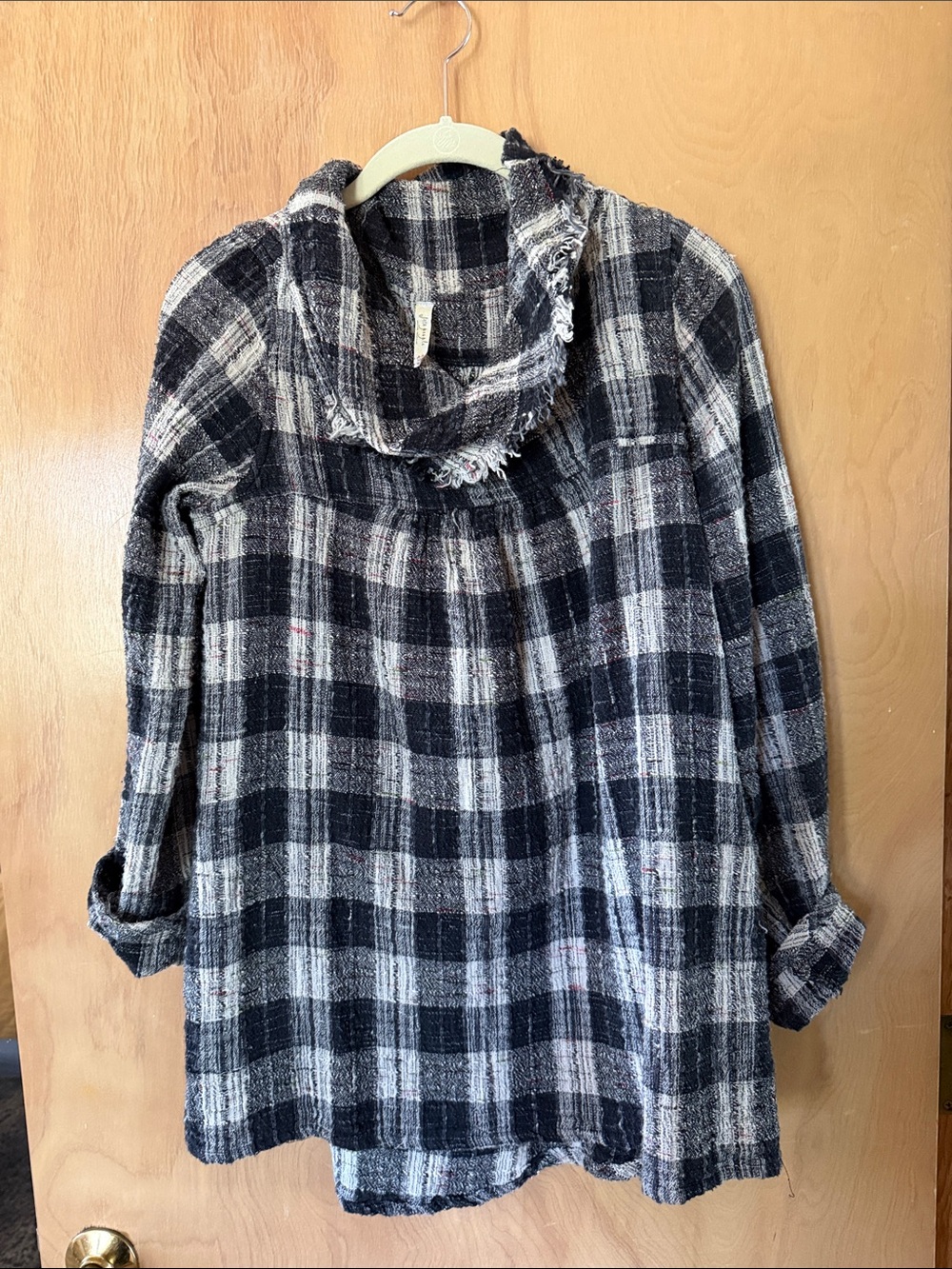 Anthropologie Black and White Plaid Cowl Neck Top with Subtle Maroon Threading